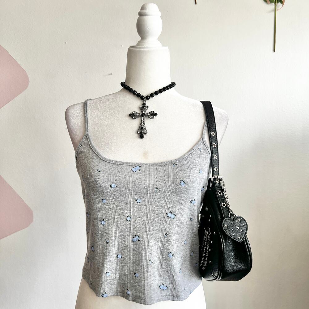 Gray Floral Ditsy Tank Top, Cottagecore, Soft‎ Girl, Vintage, Romantic, Large